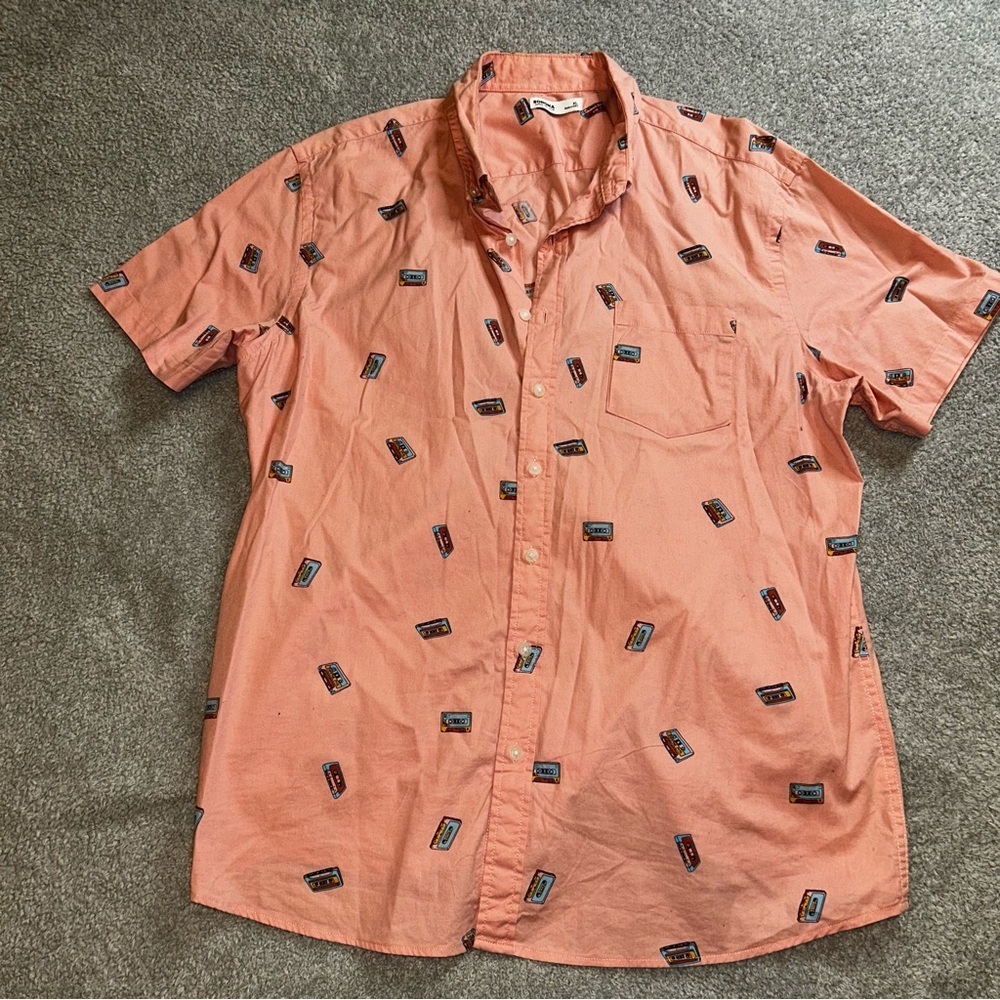 Sonoma Men's Button Down Shirt - Pink with Cassette Print